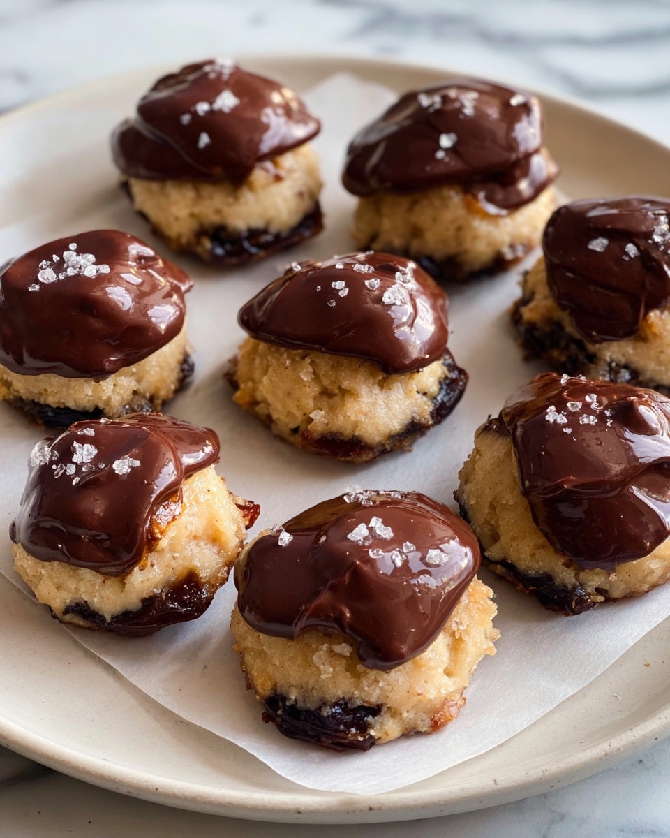The image shows ten small round treats arranged on a white plate lined with parchment paper. Each treat has three clear layers: the bottom layer is dark and sticky, looking like dates or dried fruit; the middle layer is a light beige dough with tiny darker bits mixed in, slightly puffy and soft in texture; the top layer is a glossy, dark chocolate spread that covers the dough unevenly, with some small dots of coarse salt sprinkled on top. The plate rests on a white marbled surface. Photo taken with an iphone --ar 4:5 --v 7