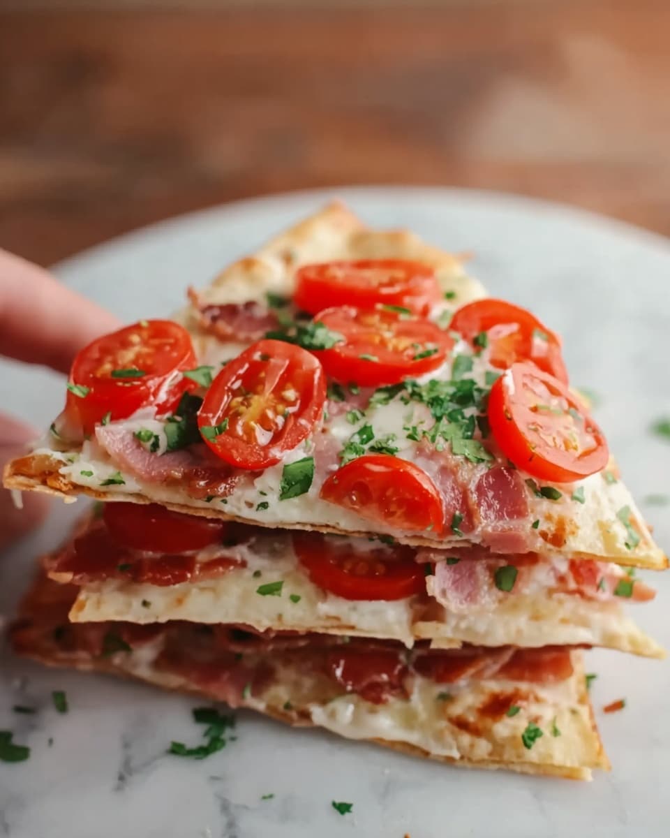 The image shows a stack of three thin triangular flatbreads or slices of pizza on a white plate. Each slice has a lightly browned, slightly crispy crust. The top layer has thin red tomato slices spread out, with bits of chopped green herbs scattered over them. Under the tomatoes, melted white cheese covers the flatbread, with small pieces of pink bacon mixed in. The stack is on a white marbled surface. A woman's hand is holding the top slice gently from the side. photo taken with an iphone --ar 4:5 --v 7