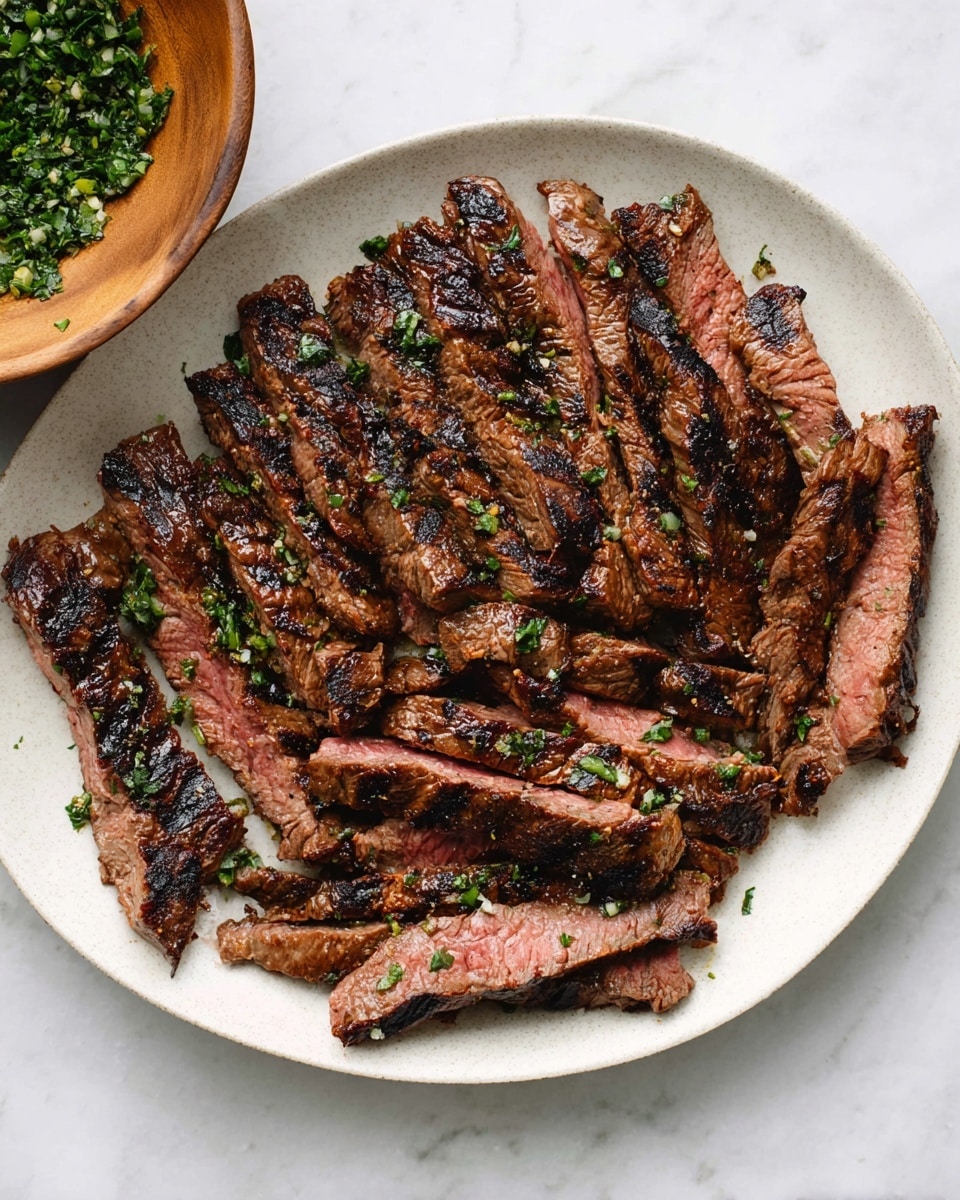 A white plate holds several slices of grilled steak, cut thin and showing a pink center with dark brown char marks on the edges, layered unevenly across the plate. The steak slices have a textured surface with grill lines and are lightly sprinkled with small green herb pieces. The plate rests on a white marbled surface, and next to it, a wooden bowl filled with chopped green herbs is partially visible. photo taken with an iphone --ar 4:5 --v 7