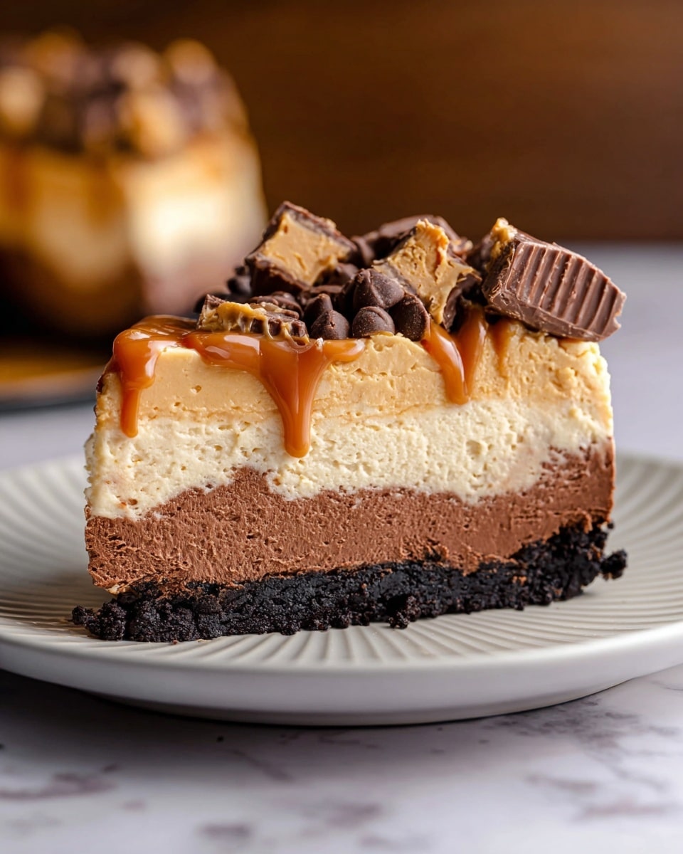 A slice of triple-layer cheesecake sits on a white plate with ridged edges, placed on a white marbled surface. The bottom layer is thick, creamy chocolate in a dark crumbly crust. The middle layer is a lighter colored, mousse-like layer with a soft texture. The top layer is a pale caramel creamy layer, drizzled with caramel sauce on top and decorated with small chocolate chips and pieces of peanut butter cups scattered on the surface. Photo taken with an iphone --ar 4:5 --v 7