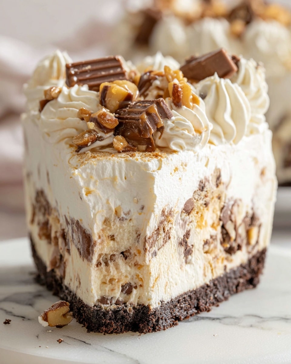 A slice of creamy dessert with three main layers is shown on a white marbled surface. The bottom layer is a firm, crumbly chocolate crust in dark brown. The middle layer is thick and fluffy vanilla cream with visible chunks of chocolate and nut pieces scattered inside, giving it a mixed texture of smooth cream and crunchy bits. The top layer is decorated with thick swirls of whipped cream, topped with small pieces of chocolate and nuts, some having a glossy caramel-like coating. The overall color palette is mainly off-white cream with brown contrasts from chocolate and nuts. Photo taken with an iphone --ar 4:5 --v 7