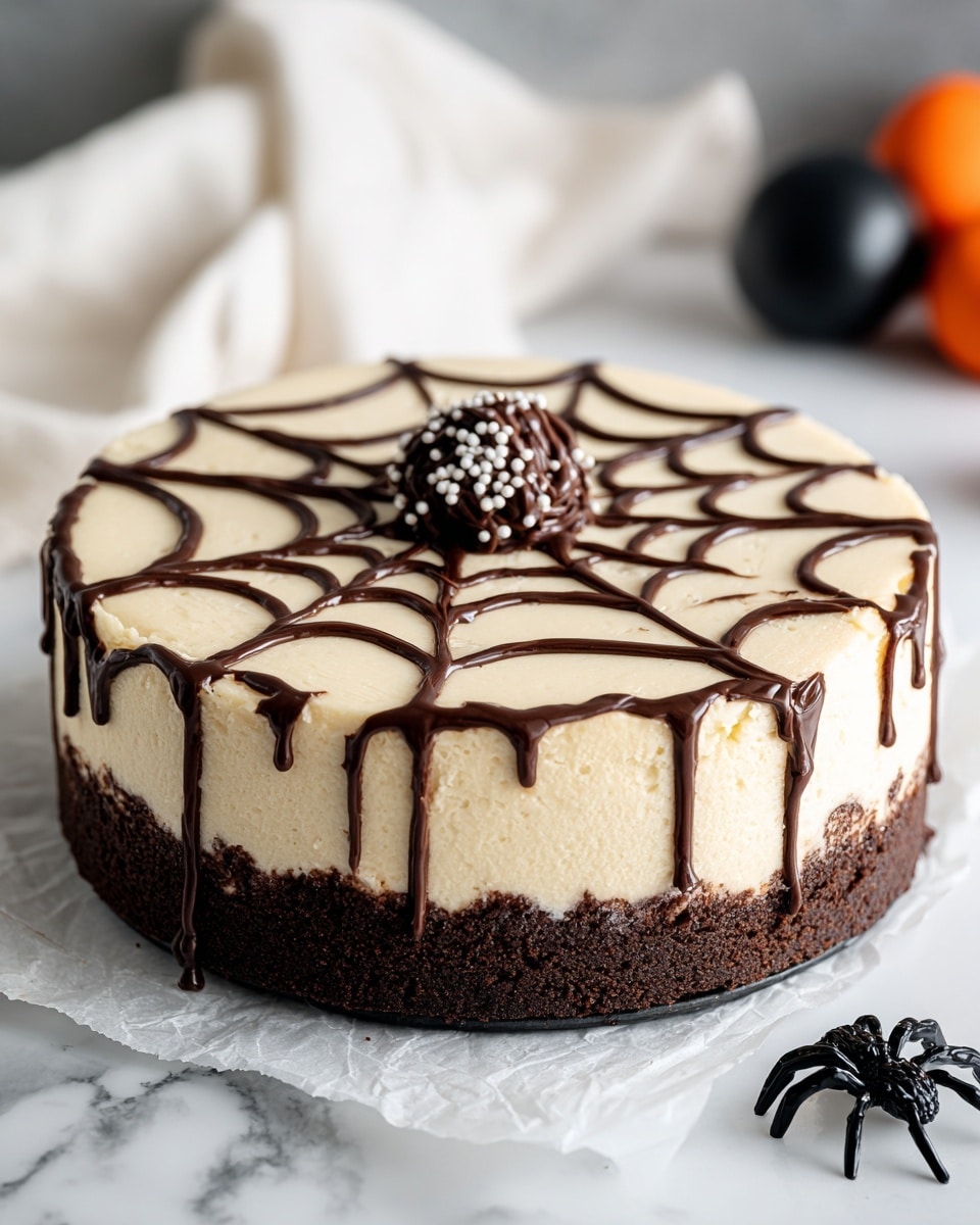 A round cheesecake with two main layers sits on a piece of white parchment paper over a white marbled surface. The bottom layer is thick, dark brown, crumbly chocolate crust, while the top layer is creamy off-white cheesecake filling. Dark chocolate drips down the sides unevenly from the top layer. On the flat surface of the cheesecake, a dark chocolate spider web design stretches from the center to the edges, with a dollop of chocolate in the middle and tiny white sprinkles. In the background, there is a blurry white cloth and some round black and orange objects, and a small black plastic spider is on the right side near the cake. Photo taken with an iphone --ar 4:5 --v 7