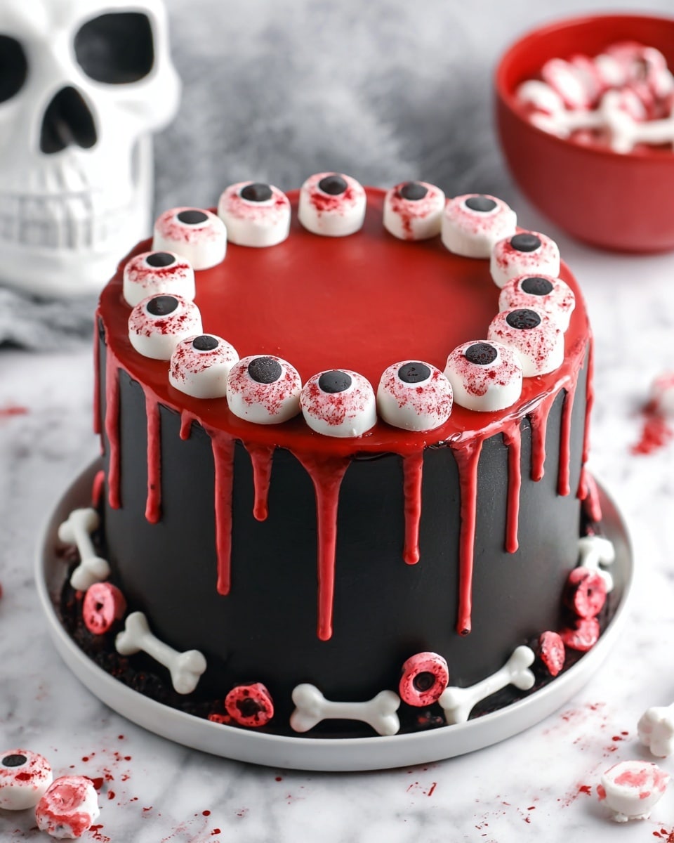 This cake has two main layers covered in smooth black frosting with a thick, shiny red glaze dripping down the sides evenly. Around the top edge is a circle of small white candy bones and pink eyeball-shaped candies with black centers, all splattered with red to look like blood. More candy bones and eyeballs are placed around the base of the cake. The cake sits on a white plate, placed on a white marbled surface. In the background, there is a white skull with black eye sockets and a red bowl filled with more candy bones. photo taken with an iphone --ar 4:5 --v 7