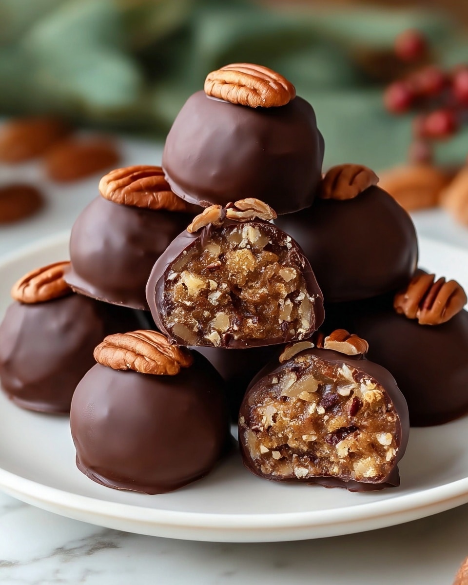 A white plate holds seven round chocolate-covered treats arranged in a small pile, with smooth, shiny dark brown chocolate coating all but one, which is cut open to show its inside. Each whole treat is topped with a single, light brown pecan half with visible ridges, sitting on the top center. Inside the cut-open piece, there is a textured mix of chopped nuts and a light caramel or sugary filling, showing rough, uneven nut pieces in golden brown tones. The plate is on a white marbled surface, softly blurred green and brown colors appear in the background. Photo taken with an iphone --ar 4:5 --v 7