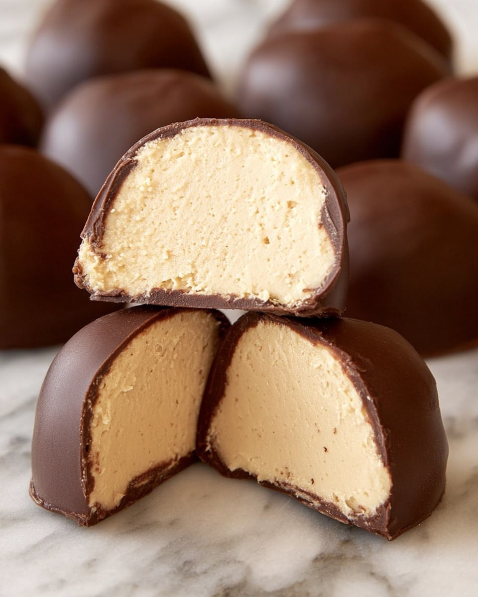 The image shows several round, bite-sized sweets with two main layers. The inner layer is thick, creamy, and light beige in color, with a smooth but slightly textured surface that looks soft and dense. This filling is shaped into a rounded dome and cut in half to show its inside. The outer layer is a thin, dark brown chocolate shell that covers the filling completely and forms a smooth, slightly shiny coating. The sweets are stacked on a flat surface with some in the background, all appearing close to each other. The background has a white marbled texture. Photo taken with an iphone --ar 4:5 --v 7