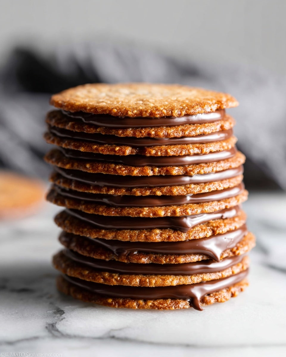 A close-up of a stack of eight thin, round cookies with a golden-brown, slightly textured surface. Between each cookie is a smooth, rich milk chocolate layer that is evenly spread, with a bit of chocolate slightly dripping at the edges. The stack sits on a white marbled surface with a soft, blurred gray cloth in the background. The cookies have a crinkly, crispy look, and the chocolate layers provide a glossy contrast. photo taken with an iphone --ar 4:5 --v 7