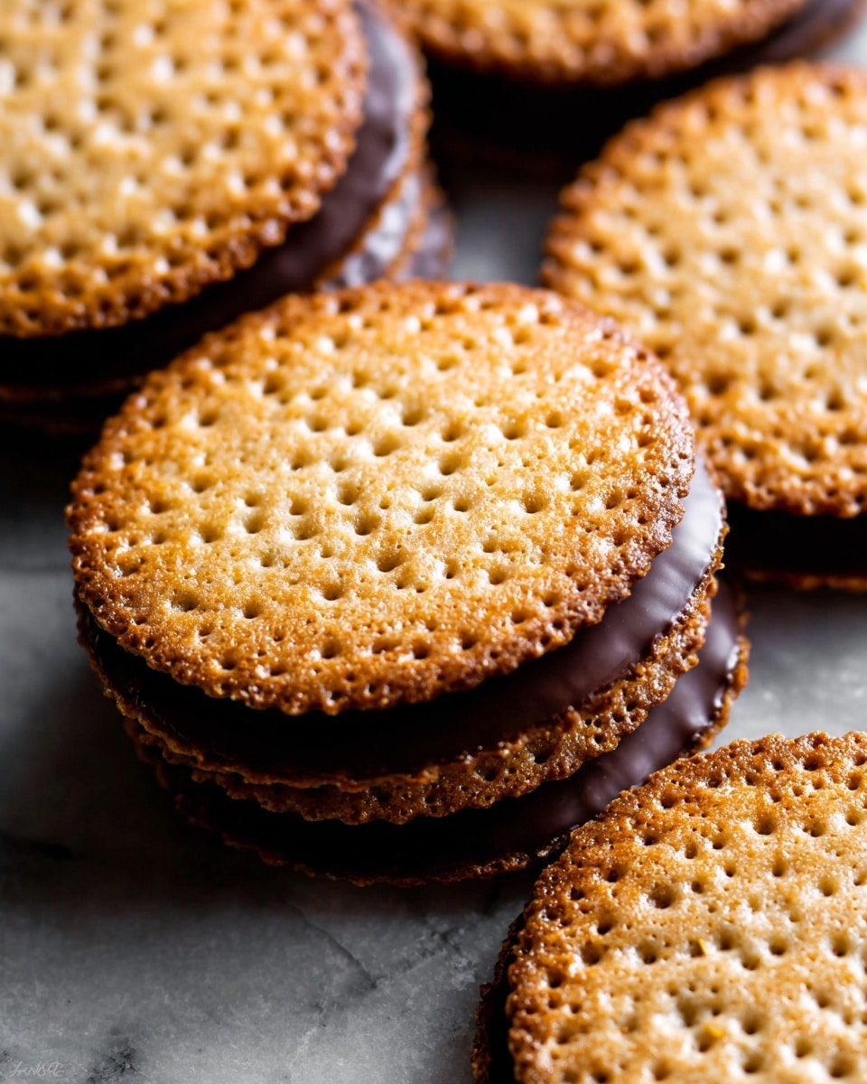 The image shows round cookies with a light golden-brown, crispy top layer that has small holes across the surface giving a lacy texture. Each cookie is coated with a smooth, thick dark chocolate layer on the bottom, visible around the edges. The cookies are stacked and slightly overlapping each other on a white marbled surface. The lighting highlights the textures and the glossy shine of the chocolate. photo taken with an iphone --ar 4:5 --v 7