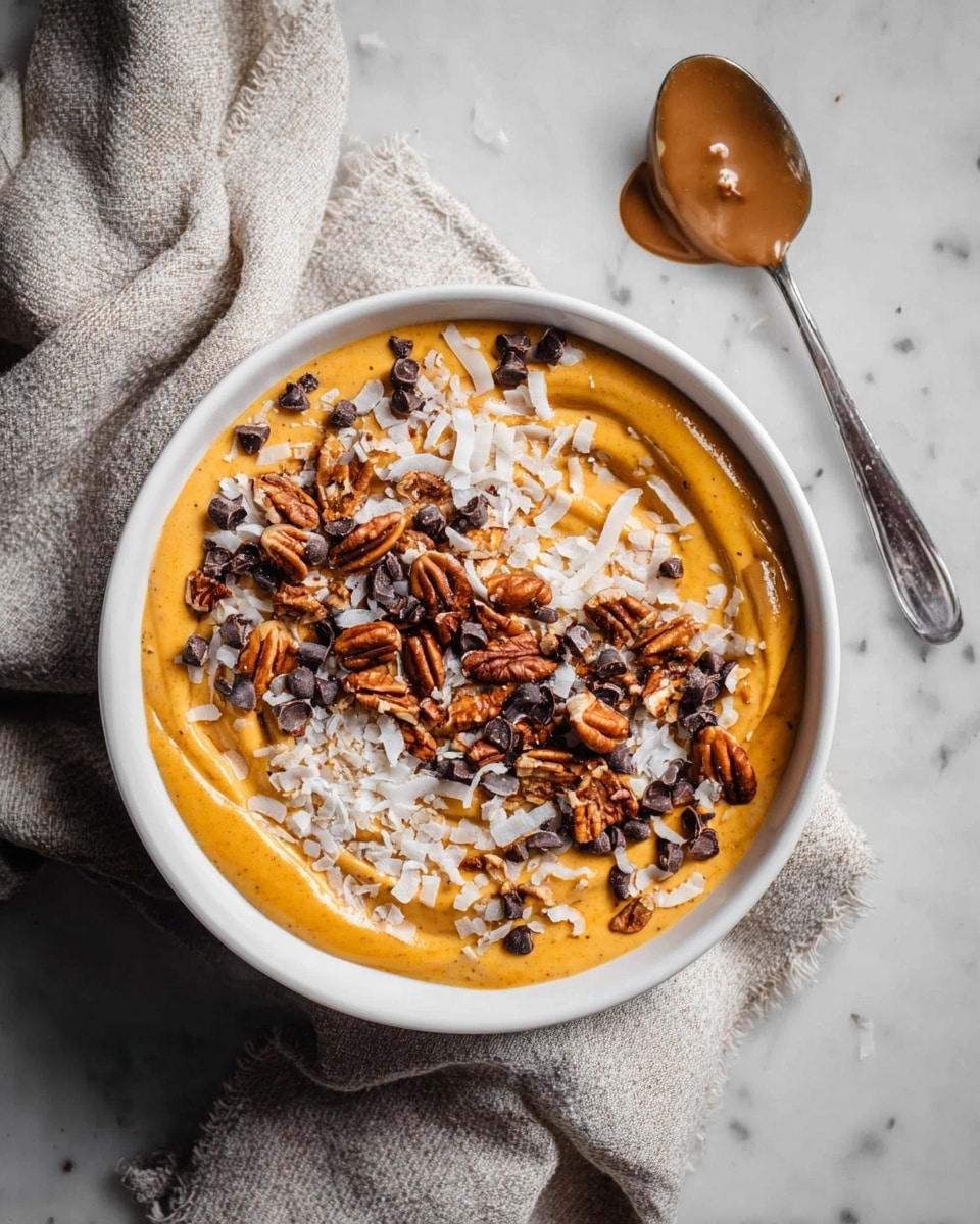 A white bowl sits on a mix of beige and grey cloths on a white marbled surface, filled with a thick, smooth orange base layer. On top, there are swirls of light brown creamy sauce spread across. Scattered generously over the bowl are small dark chocolate chips, toasted pecans, and shredded white coconut flakes, creating a textured and colorful topping. A silver spoon holding some of the brown sauce rests beside the bowl, completing the scene. Photo taken with an iphone --ar 4:5 --v 7