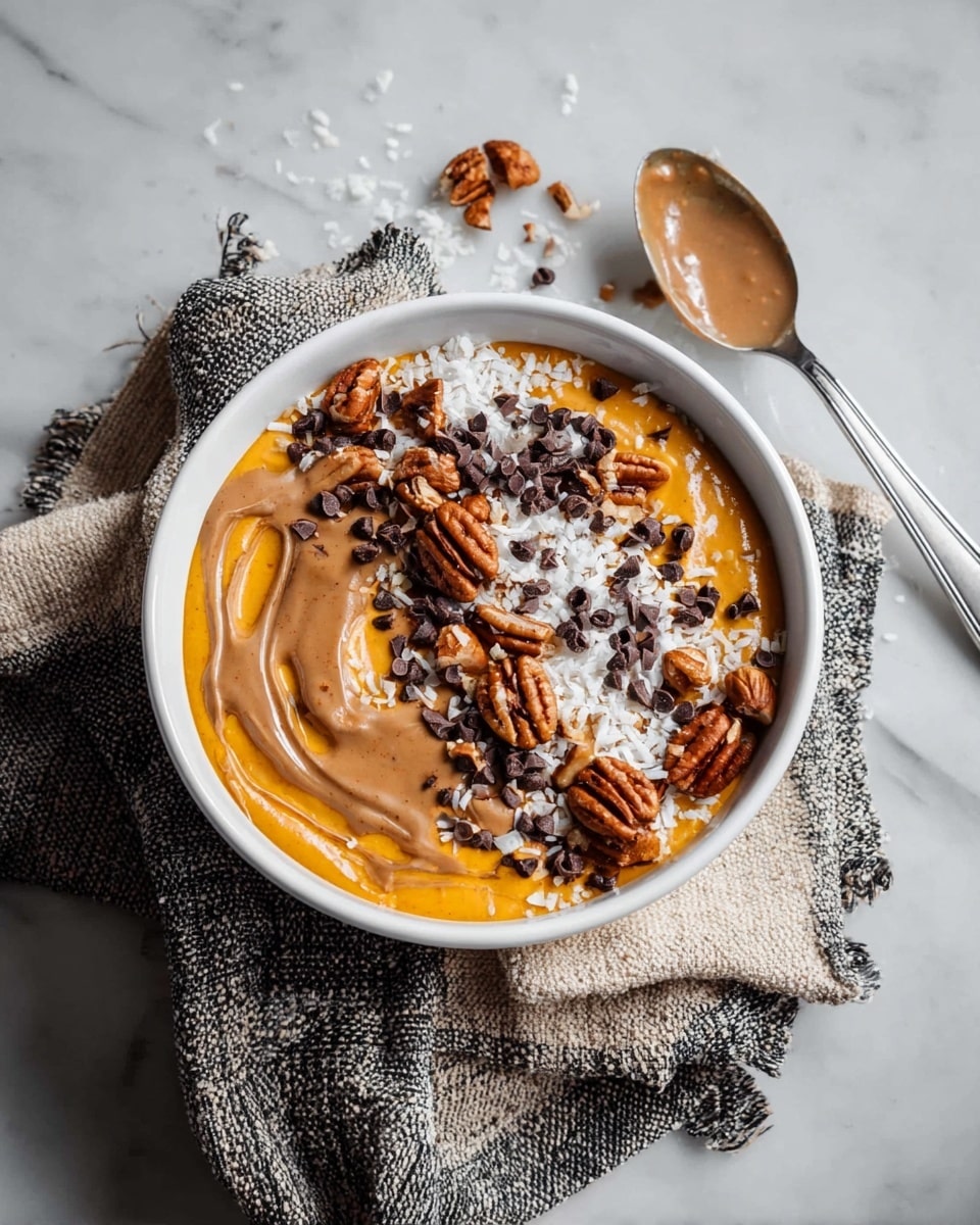 A white bowl sits on a white marbled surface with a textured beige and dark gray cloth underneath, filled with a thick layer of bright orange creamy base. On top, there is a swirl of smooth light brown sauce spread across the surface. The bowl is sprinkled with dark chocolate chips, coarsely chopped pecans, and shredded white coconut flakes, creating a mix of brown and white textures. A silver spoon with some light brown sauce rests beside the bowl on the cloth. photo taken with an iphone --ar 4:5 --v 7