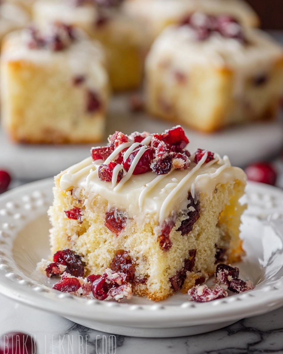 A close-up view of a square piece of cake on a white plate with a decorative edge, placed on a white marbled surface. The cake has two visible layers: a light, fluffy yellowish base filled generously with dark red dried cranberries, and a top layer of creamy white icing with a smooth texture, topped with more dried cranberries and thin white icing lines drizzled over it. Scattered dried cranberries surround the cake on the plate, and blurred pieces of similar cake are in the background. photo taken with an iphone --ar 4:5 --v 7