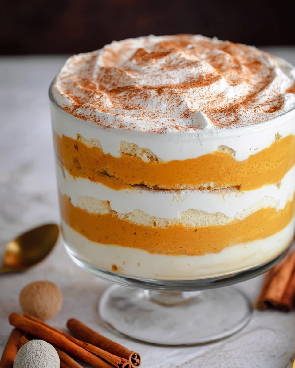 The dessert is shown in a clear glass bowl with four visible layers. From bottom to top, the first layer is a thick white creamy base, followed by a smooth orange layer that looks like pumpkin or sweet potato. The third layer is a soft white cake layer, above which there is another layer of the orange cream. The next layer is thick white cream, and the topmost layer is white whipped cream dusted with a fine, even coat of cinnamon powder. The bowl sits on a white marbled surface with cinnamon sticks and a tea ball nearby. Photo taken with an iphone --ar 4:5 --v 7