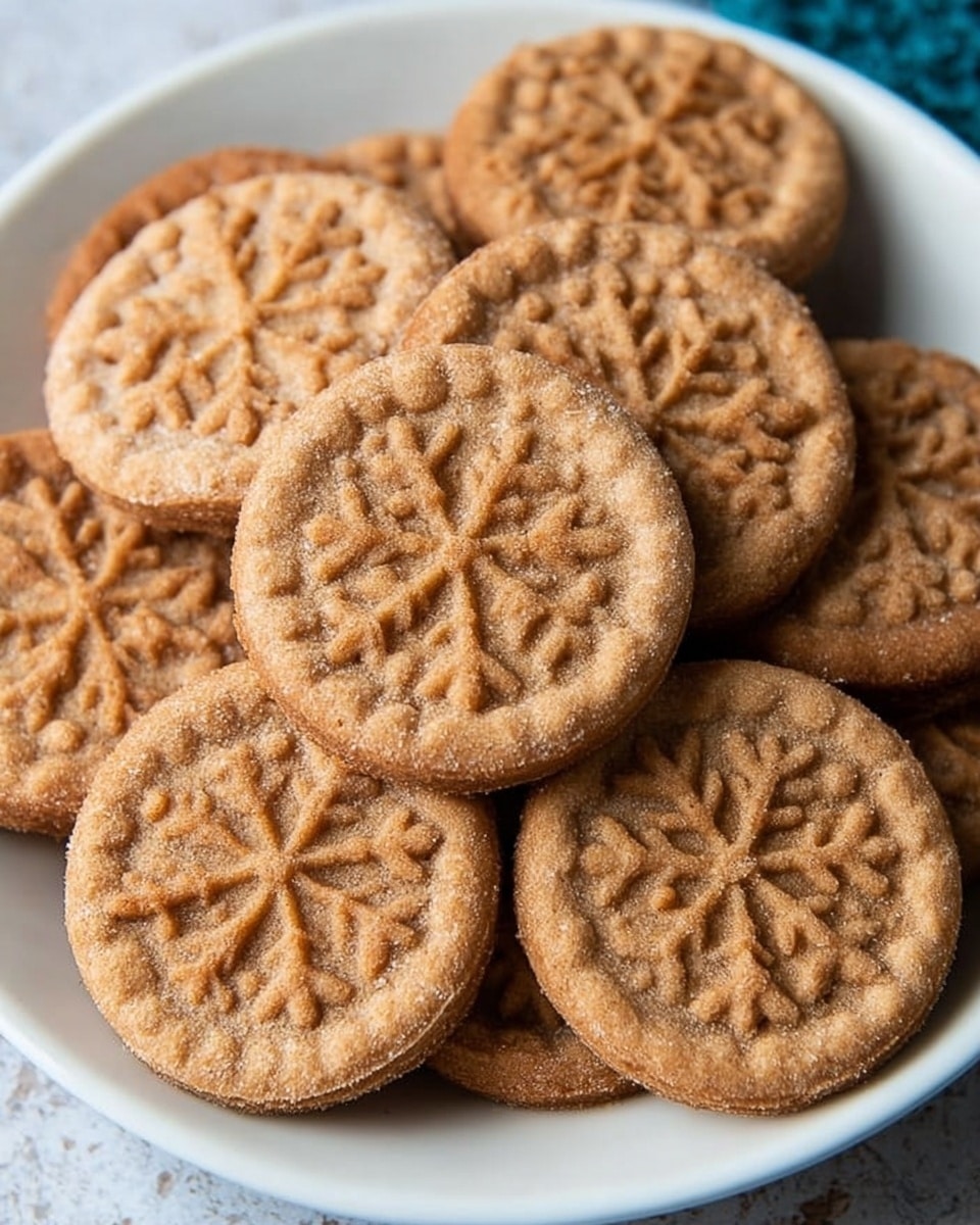 A white bowl filled with round brown cookies arranged in two overlapping rows, each cookie having a raised snowflake pattern in the center and small round indentations around the edges, giving a slightly rough and sugary texture. The cookies have a warm golden-brown color with a slightly darker snowflake design, showing a baked, crispy surface. The bowl sits on a white marbled texture background. photo taken with an iphone --ar 4:5 --v 7