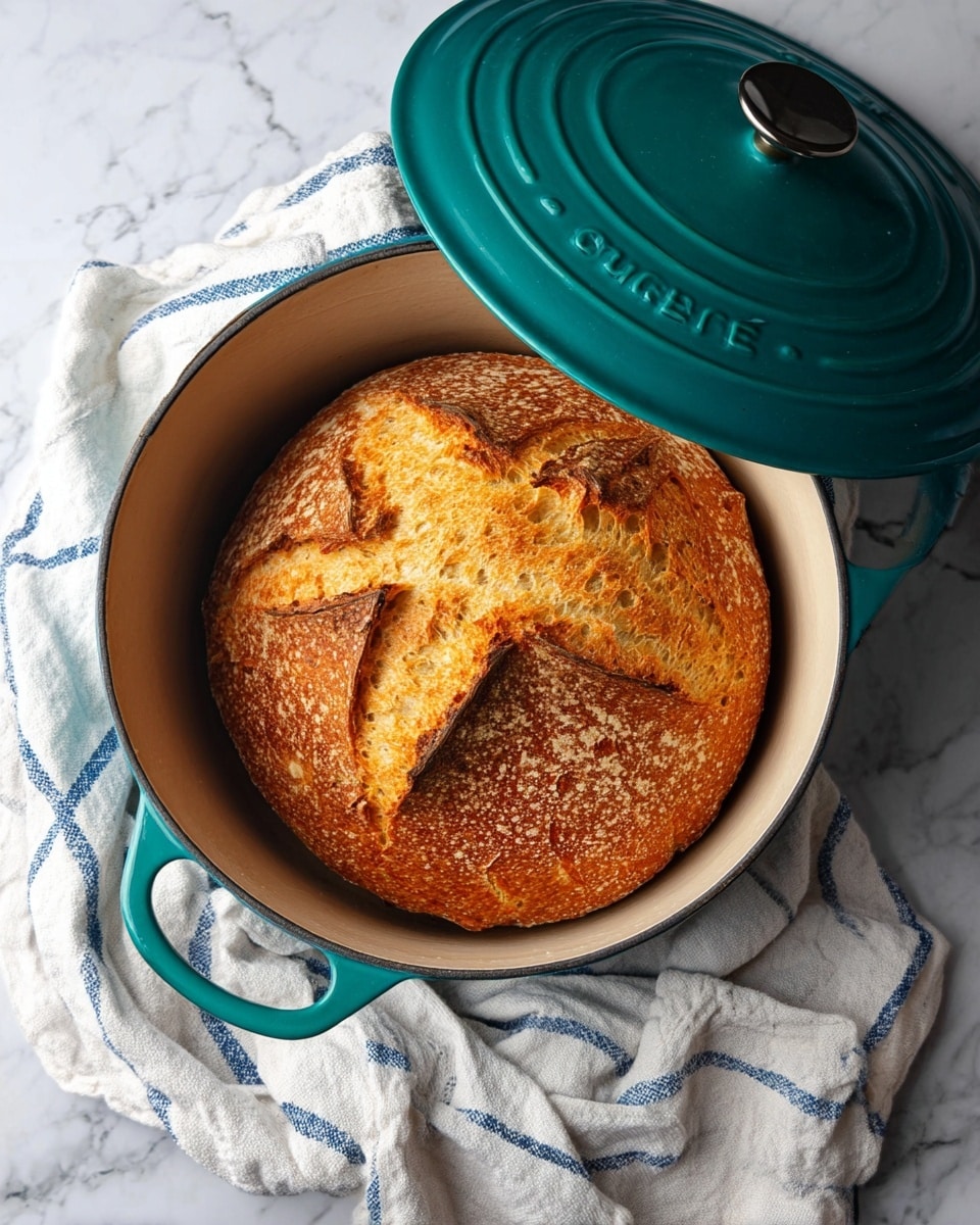 A round loaf of golden brown bread with a textured, slightly cracked crust sits inside a deep white pot with teal handles and a teal lid resting partially open on the side. The bread has a rustic, star-like pattern scored on the top surface, showing lighter and darker areas of crust. The pot is placed on a white marbled surface with a white cloth that has blue stripes draped casually around it. Photo taken with an iphone --ar 4:5 --v 7