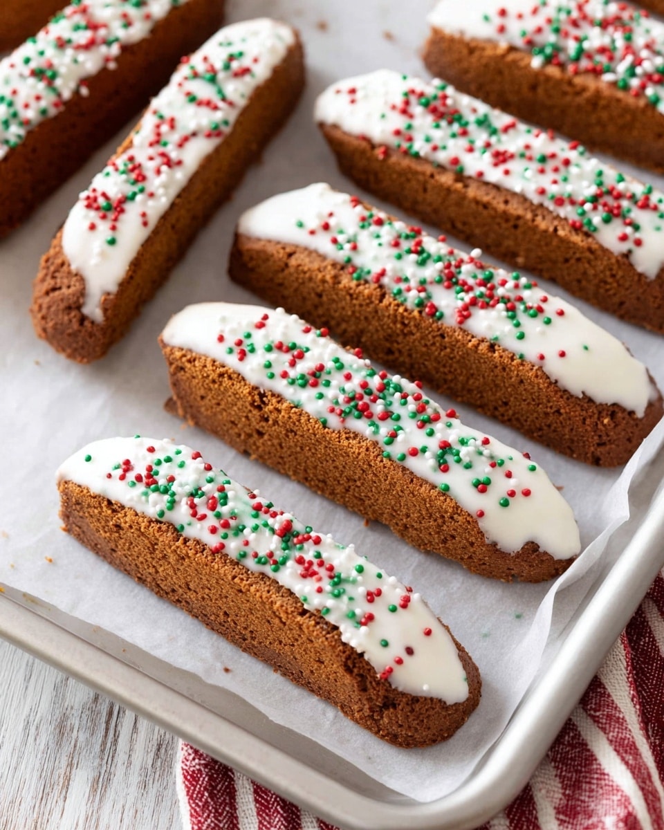 The image shows several long, brown biscotti cookies standing side by side on a white marbled surface. Each biscotti is dipped halfway into smooth white chocolate, covering the lower half with a glossy texture. On the white chocolate part, there are small, round red, green, and white sprinkles that add a festive look. The biscotti's brown texture is rough and crumbly, contrasting with the smooth white chocolate. The cookies are arranged neatly in rows, with a close-up view that shows their length and detailed texture. photo taken with an iphone --ar 4:5 --v 7