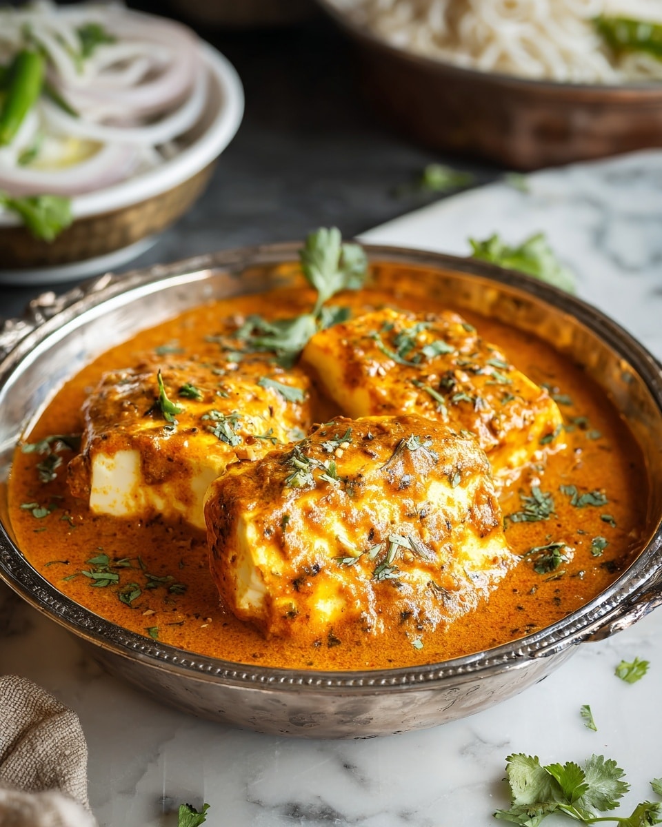 The dish features three thick blocks of white paneer, partially submerged in a rich, orange curry sauce with a slightly grainy texture, indicating a spiced blend. The curry covers the base of a round, shallow silver bowl, with the paneer pieces neatly arranged close together in the center. The top of the paneer and sauce are garnished with finely chopped fresh green herbs, adding contrast to the warm tones of the curry. The bowl is placed on a white marbled surface, with some scattered small green herb pieces around it. Nearby, a bowl of white rice noodles and some fresh coriander sprigs are visible, adding context to the meal. Photo taken with an iphone --ar 4:5 --v 7