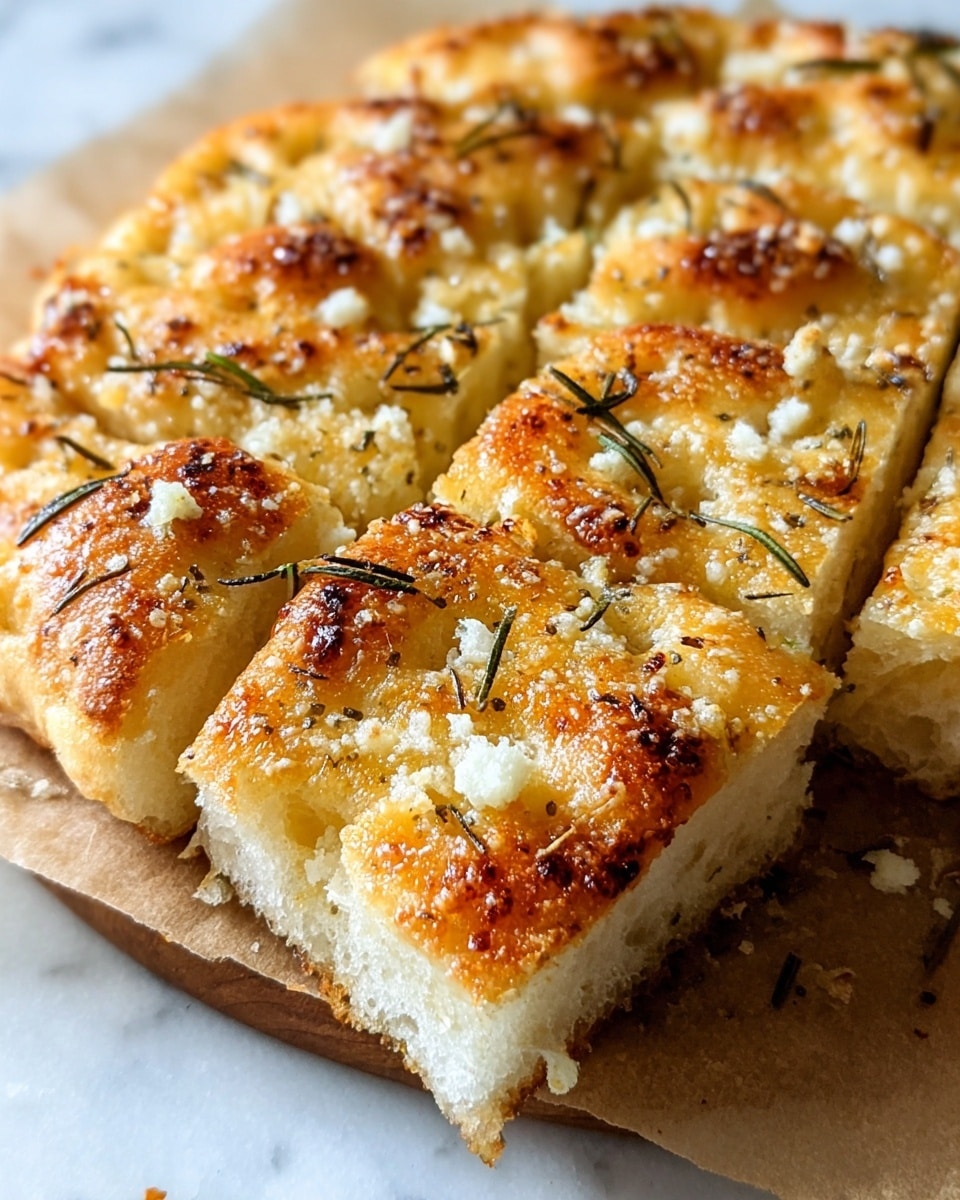 This image shows a close-up of a square focaccia bread cut into nine smaller squares, with a golden-brown top layer that looks crispy and slightly crunchy; the top has melted cheese sprinkled unevenly with small bits of white and pale yellow, and scattered green rosemary leaves adding texture. The base of the focaccia is thick and soft, light cream in color, with a fluffy texture visible around the edges. The bread sits on brown parchment paper, which rests on a white marbled surface, creating a clean and bright setting. photo taken with an iphone --ar 4:5 --v 7