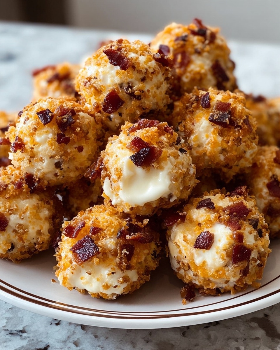 A pile of small round balls on a white plate with a brown line near the edge, each ball has a crispy light brown outer layer made of small crumbs mixed with dark red crispy bacon pieces, inside shows a creamy white cheese filling looking soft and smooth. The balls are closely packed, with some in sharp focus in the front and others softly blurred in the back, set on a white marbled surface. photo taken with an iphone --ar 4:5 --v 7