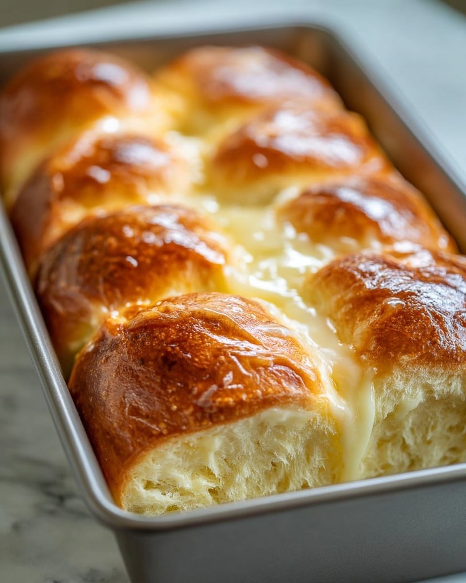 A close-up of a loaf with six large, soft bread rolls in a gray baking pan, each roll golden brown on top with a glossy finish, showing melted white cheese oozing between the layers, inside the fluffy, light yellow bread with a slightly shiny texture. The pan is on a white marbled surface. The focus is sharp on the front rolls, blurring softly toward the back. photo taken with an iphone --ar 4:5 --v 7