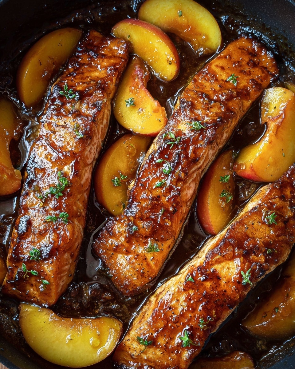 The image shows three pieces of cooked salmon fillets with a golden-brown glazed surface, slightly charred at the edges, lying in a pan with a glossy sauce covering them. Around and beneath the salmon are several slices of cooked peach with a soft, slightly caramelized texture and warm orange-yellow color. Small green herb pieces are scattered over the salmon and peaches, adding a touch of freshness. The sauce is thick and shiny, pooling around the ingredients, and the pan has a dark interior that contrasts with the vibrant colors of the food. photo taken with an iphone --ar 4:5 --v 7