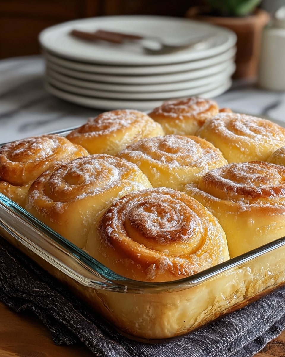 The image shows six golden brown spiral rolls baked closely in a clear glass square dish, each roll having multiple light, flaky layers visible at the edges with a slightly puffed texture. The tops of the rolls have a shiny glaze with a light dusting of powdered sugar, giving them a soft white touch. The dish is placed on a dark cloth on a white marbled surface. In the blurry background, there is a stack of white plates and more rolls stacked on top. photo taken with an iphone --ar 4:5 --v 7