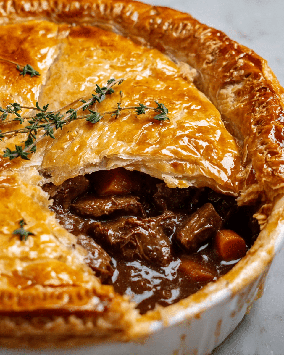 The image shows a close-up of a meat pie with a thick golden brown top crust that looks flaky and shiny, decorated with small sprigs of fresh green thyme on top. The crust is broken open to reveal three visible layers inside: a rich dark brown meat filling with chunks of tender meat and small orange carrot pieces in a thick gravy beneath the crust, and the white ceramic dish holding the pie. The whole pie sits on a white marbled surface. photo taken with an iphone --ar 4:5 --v 7
