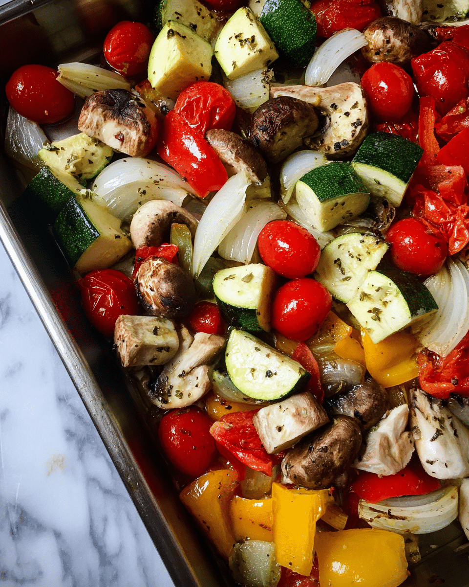 The image shows a close-up of a large metal baking tray filled with mixed roasted vegetables. The vegetables form three main layers: bright red cherry tomatoes and chunks of red bell pepper, pale off-white slices of onion, and vibrant green zucchini pieces with smooth skin. There are also thick cubes of white and brown mushrooms and chunky pieces of bright yellow bell pepper, all mixed and roasted with specks of herbs and olive oil giving a shiny and slightly oily texture. The tray is resting on a white marbled surface. photo taken with an iphone --ar 4:5 --v 7