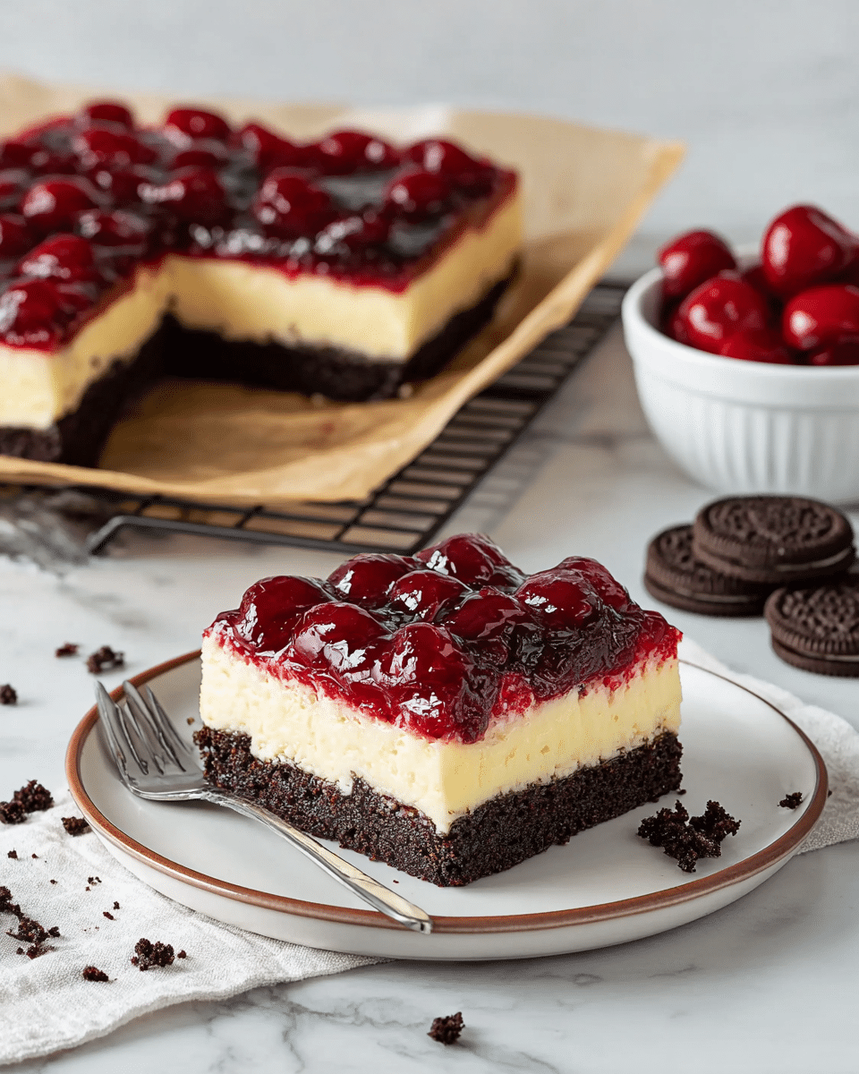 A square piece of cherry cheesecake bar is placed on a white plate with a thin brown rim, and a small silver fork rests beside it. The bar has three clear layers: a thick, dark brown crumbly base, a creamy and smooth pale yellow middle cheesecake layer, and on top, a glossy red cherry topping with whole cherries coated in bright red jelly. In the background, a larger uncut cheesecake bar is shown on brown parchment paper with one slice missing, set on a cooling rack. Nearby, there is a white bowl filled with cherries and a few chocolate sandwich cookies on a white marbled surface. The overall colors contrast well with the white marbled background, highlighting the dessert’s rich and bright tones. Photo taken with an iphone --ar 4:5 --v 7