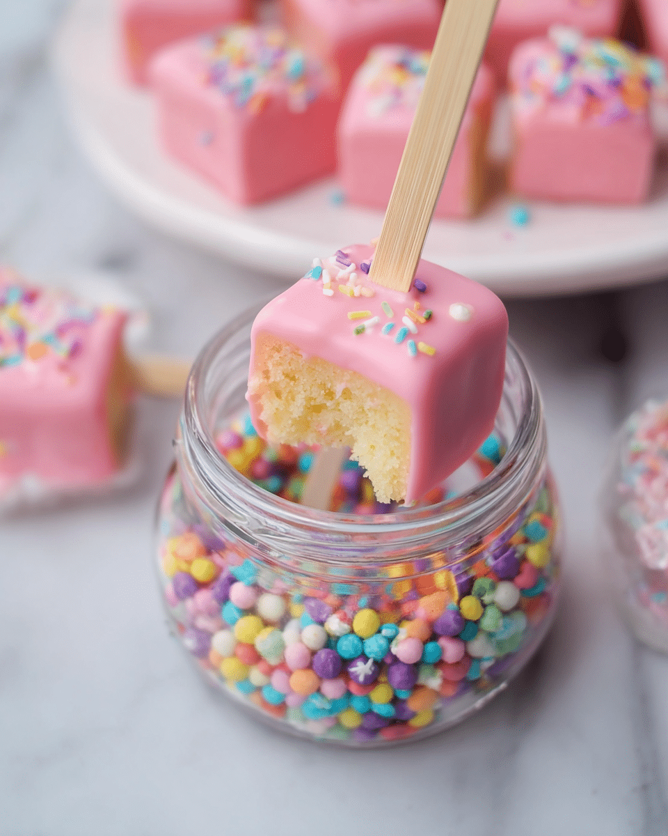 The image shows a small square piece of cake covered in smooth pink icing, pierced by a light wooden stick inserted vertically through the top center. The cake reveals a soft, light yellow inner sponge visible from a small bite taken out of one corner. The cake piece is held above a clear glass jar filled with colorful round sprinkles in shades of yellow, green, purple, blue, pink, orange, and white. In the background, there is a white plate with more small cake pieces dipped halfway in the same pink icing, one of which has colorful sprinkles on top. The scene is set on a white marbled surface. photo taken with an iphone --ar 4:5 --v 7