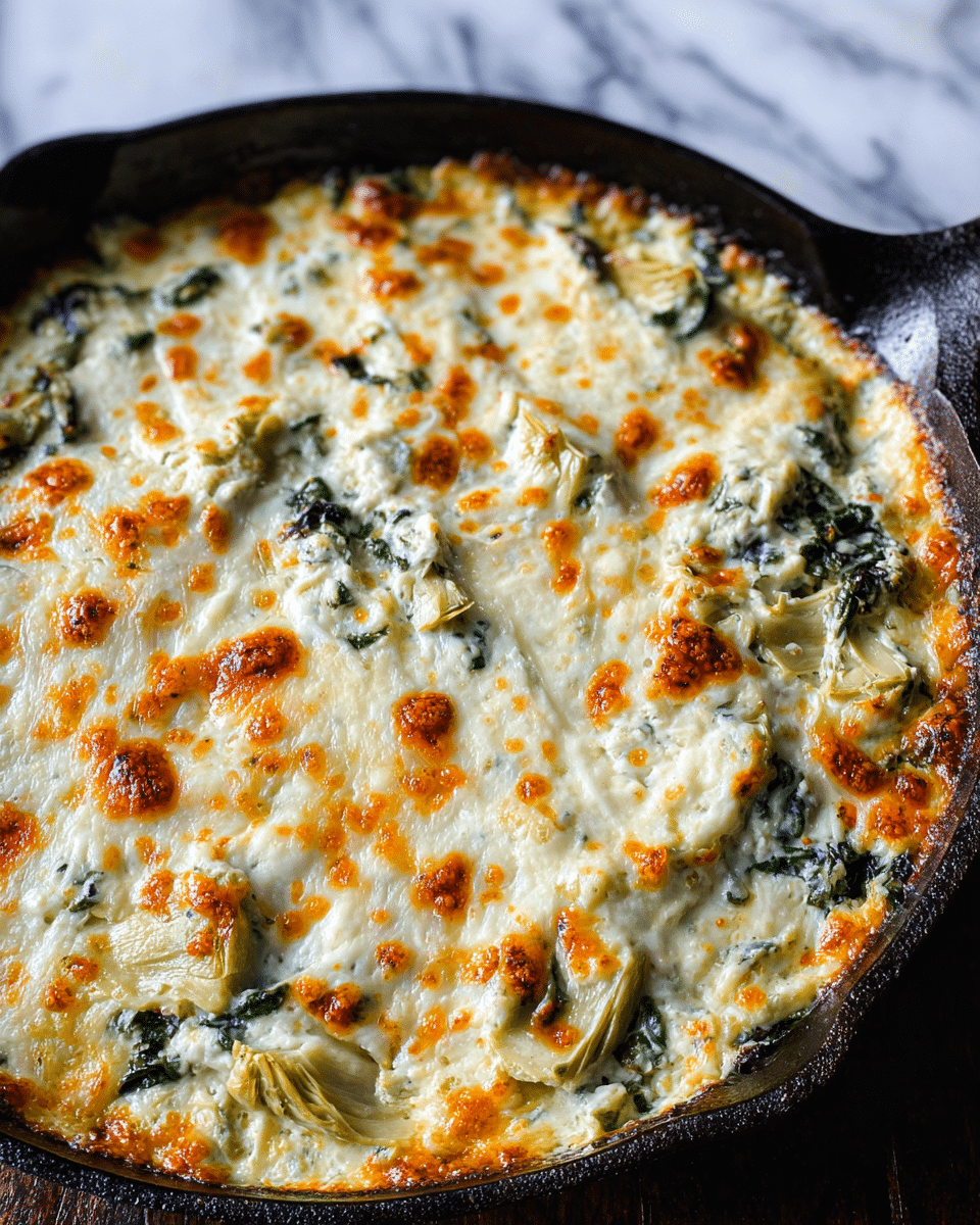 The image shows a skillet filled with a baked dish that has a creamy white cheese layer on top, punctuated by golden brown melted cheese spots. Within the cheese are visible chunks of green leafy vegetables and small pieces of artichoke. The surface of the dish has a mix of smooth creamy textures and some bubbly, slightly browned areas, suggesting it was baked until golden. The skillet sits on a white marbled surface, and the edges of the dish appear slightly crispy and browned. photo taken with an iphone --ar 4:5 --v 7