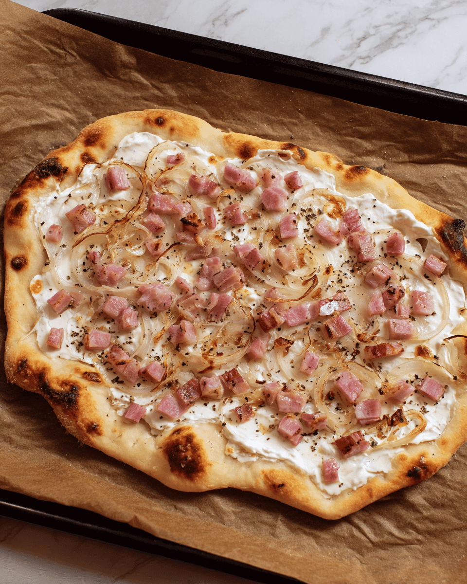A baked flatbread pizza with a golden-brown, slightly crispy crust that is uneven in shape. The first layer is a white creamy sauce spread across the dough. On top of the sauce, there are thin, translucent rings of cooked onion scattered evenly. Small cubes of pinkish-brown cooked bacon bits are spread over the whole pizza. Some black pepper is sprinkled lightly on top, adding texture and contrast. The flatbread is resting on brown parchment paper on a baking tray, all set against a white marbled texture surface. Photo taken with an iphone --ar 4:5 --v 7