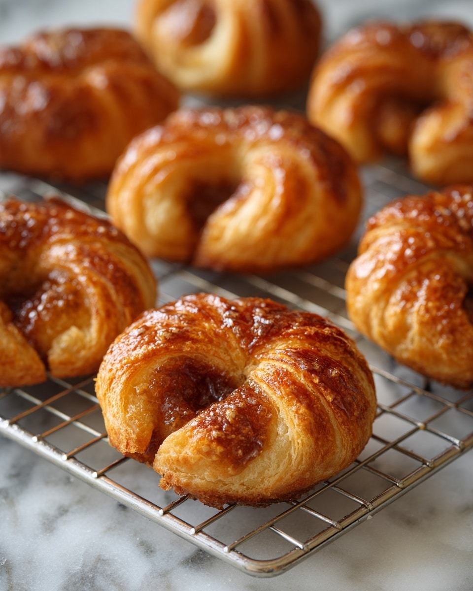 The image shows several small, golden-brown crescent-shaped pastries resting on a metal cooling rack over a wooden base replaced by a white marbled texture. Each pastry has three visible layers of flaky, crisp dough curled around a rich, sticky filling that oozes slightly at the edges. The outside is shiny, with a sugary crunch adding texture and depth. The pastries look warm and freshly baked, with some darker caramelized spots on the crust. Photo taken with an iphone --ar 4:5 --v 7