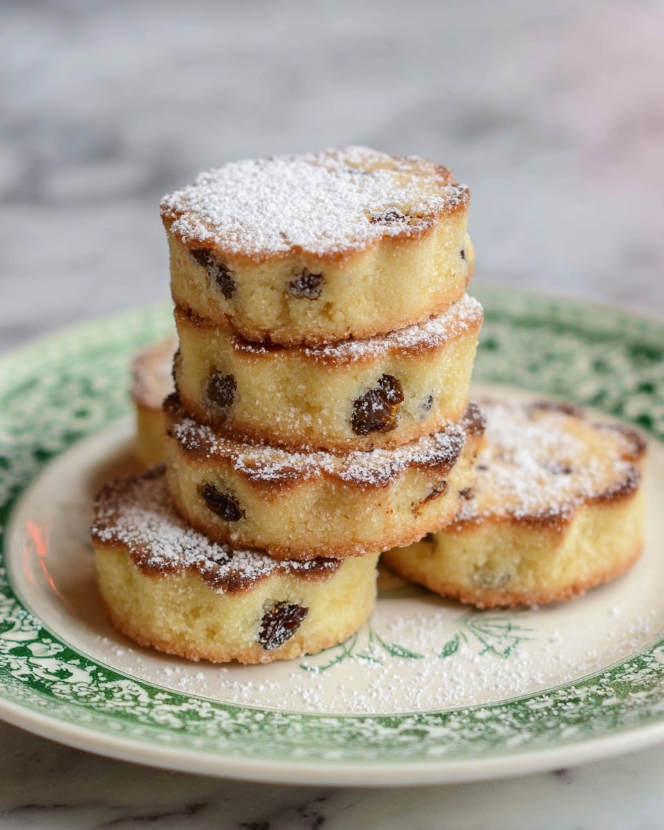 The image shows a stack of four small round cakes with scalloped edges on a white plate with a green decorative pattern. Each cake has a light golden-brown, slightly crisp top dusted with fine white powdered sugar. The cakes have a soft, pale yellow interior with visible dark raisins or currants scattered throughout. The cakes have a textured, slightly crumbly surface with a light crust. The background is a white marbled texture. photo taken with an iphone --ar 4:5 --v 7