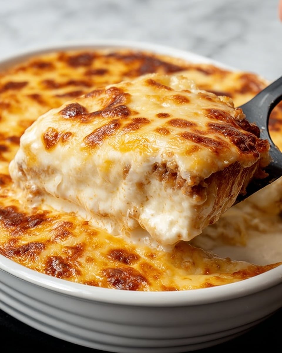 A white round dish filled with a baked cheesy casserole showing at least three layers: the top layer is melted, bubbly golden cheese with brown spots; below it, a creamy white sauce layer with a smooth texture; and the bottom layer is a brown, slightly crisp base that looks like bread or meat. A woman's hand is lifting a portion with a black spatula, showing the layers clearly. The background features a white marbled texture. photo taken with an iphone --ar 4:5 --v 7