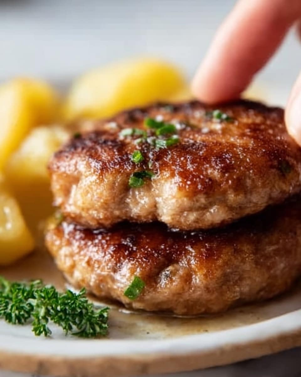 The image shows a close-up of two golden-brown meat patties stacked on top of each other, with a slightly crispy texture and small green herb pieces sprinkled on them. The patties have a juicy look with a bit of shine on the surface. Behind the patties, there are soft, light yellow pieces that seem to be cooked potatoes. The dish is set on a white plate over a white marbled surface, giving a clean and bright background. The photo is clear and sharp, capturing the texture and colors vividly, with a woman's hand about to reach for the food. photo taken with an iphone --ar 4:5 --v 7