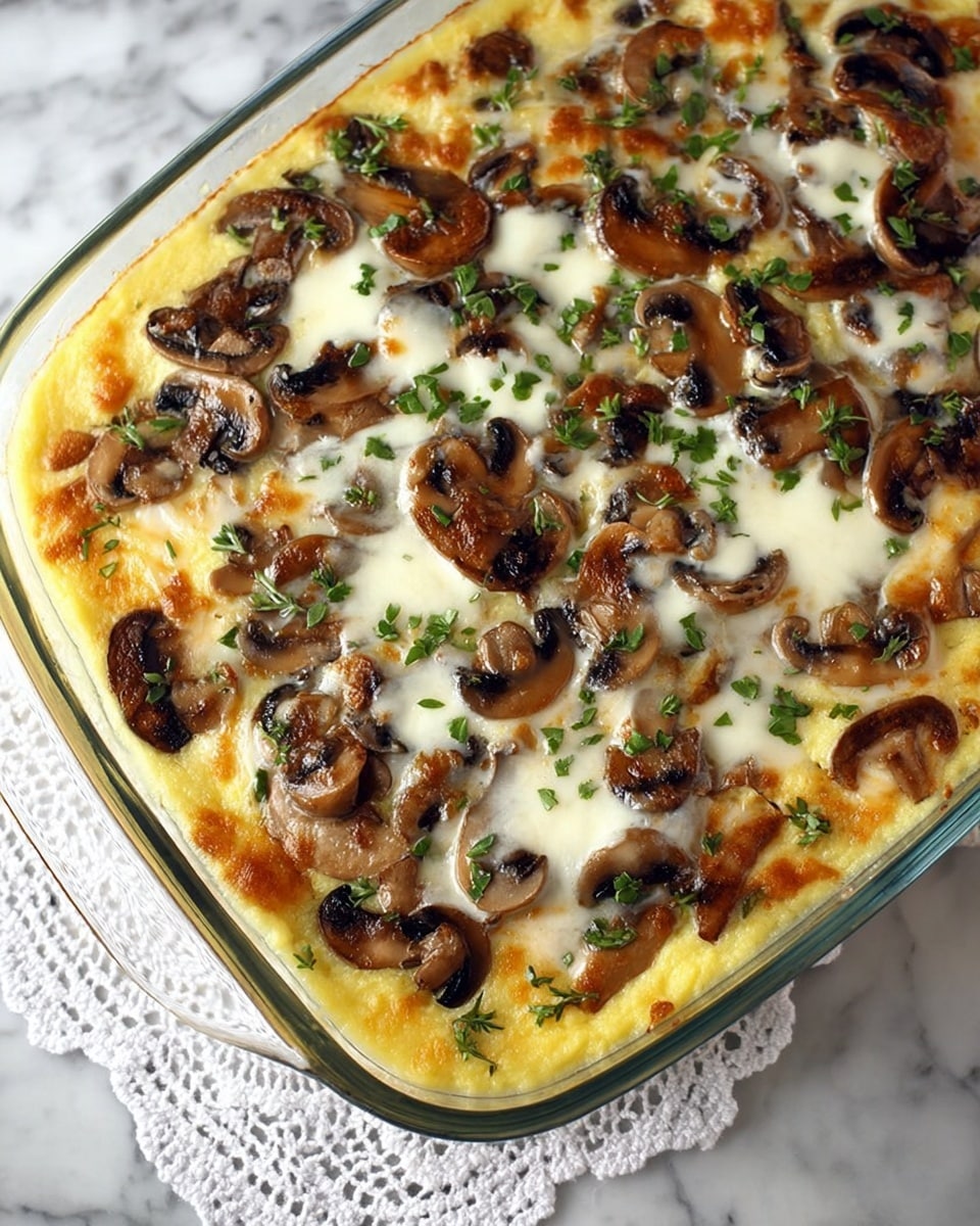 A baked casserole in a clear glass dish with three layers visible: the bottom layer is a soft yellow base, likely polenta or mashed potatoes, topped with a thick layer of browned and melted white cheese scattered unevenly, showing some golden spots, and a dense topping of sliced brown mushrooms spread over the cheese. Small green herb pieces, possibly chopped parsley or chives, are sprinkled across the top, adding a fresh contrast in color. The dish sits on a white marbled surface with a lace white cloth partly visible beneath the dish. photo taken with an iphone --ar 4:5 --v 7