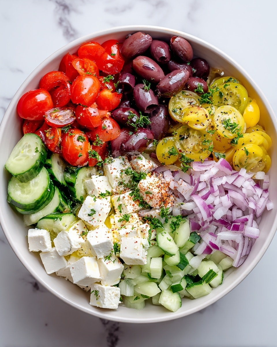 A white bowl filled with a colorful Greek salad arranged in neat sections: at the top right, there are dark purple olives, some whole and some pitted; next to them on the right are thin, round slices of pale green cucumber sprinkled with black sesame seeds and white feta cheese crumbs; below the cucumber, there is a large section of white feta cheese cubes and crumbled feta topped with olive oil, chopped green herbs, and a dusting of red paprika; to the left of the feta is a pile of finely chopped purple-red onion; above the onion, a layer of sliced bright green cucumber rounds, some mixed with small white cheese cubes; finally, at the top left, there are halves of bright red cherry tomatoes glistening with a light dressing. The bowl sits on a white marbled surface. photo taken with an iphone --ar 4:5 --v 7