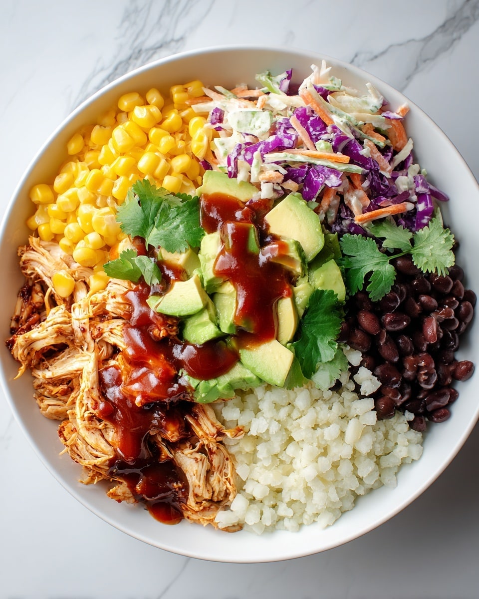 A white bowl filled with layers starting from the base of light-colored cauliflower rice, topped with bright yellow corn kernels on one side, dark black beans next to it, and shredded orange-brown BBQ chicken on the opposite side. There is a mix of purple cabbage and shredded white and orange slaw arranged beside the corn. In the center, fresh green avocado cubes and sprigs of cilantro sit, with a dark red BBQ sauce drizzled over the chicken and avocado. The bowl is placed on a white marbled surface. photo taken with an iphone --ar 4:5 --v 7