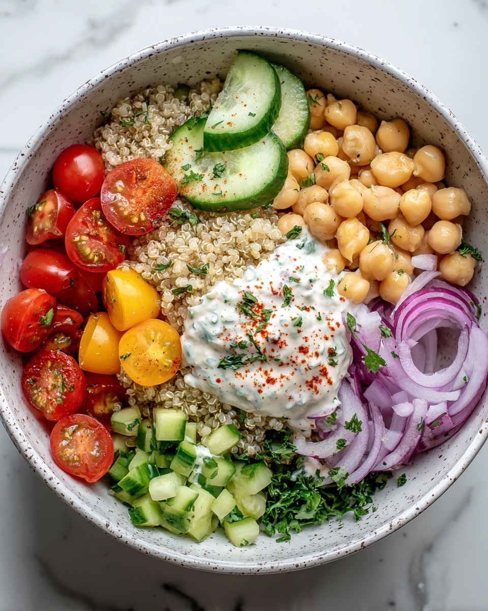 In a white bowl with a speckled pattern, a colorful layered salad is neatly arranged. At the base, there is a layer of light-colored quinoa with a slightly grainy texture. On top, sections of vibrant vegetables and toppings are placed separately: quartered bright red cherry tomatoes, thin round slices of fresh green cucumbers, beige chickpeas clustered in the center, thin strips of purple-red onion, diced light green cucumber chunks, and a creamy white dollop with a sprinkle of red spice and green herbs on one side. Fresh chopped green herbs are scattered across the ingredients, all set against a white marbled surface. photo taken with an iphone --ar 4:5 --v 7