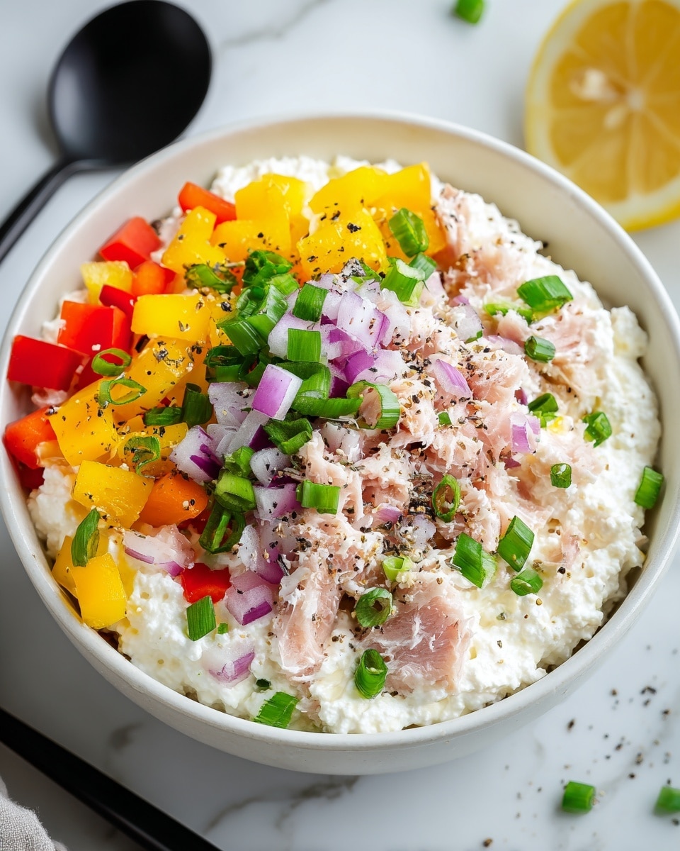 A white bowl is filled with a base layer of creamy white cottage cheese, topped with shredded light pink tuna scattered evenly across. On top, there are pieces of bright orange and red bell peppers in small chunks, plus diced yellow bell peppers. In the center, finely chopped purple and white red onions are placed, adding a bit of shine and texture. Bright green spring onions are sprinkled throughout the bowl, along with a few black sesame seeds and a light dusting of black pepper. The bowl sits on a white marbled textured surface with a black spoon and a lemon wedge nearby. Photo taken with an iphone --ar 4:5 --v 7