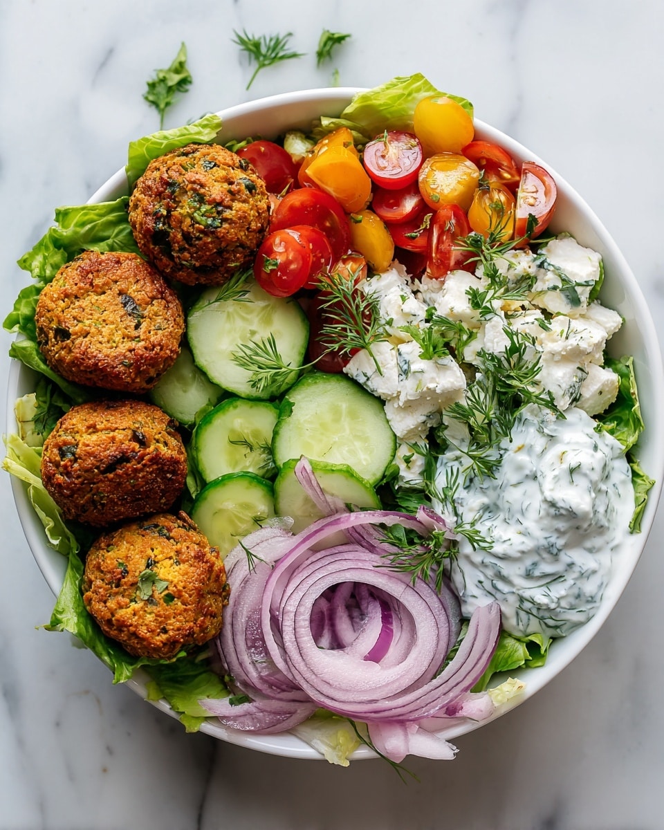 A white bowl sits on a white marbled surface, filled with a colorful healthy dish arranged in layers. Starting from the left, there are four golden-brown falafel balls with a crispy texture, resting on a bed of dark green lettuce leaves. Next to the falafel are small chunks of pale green cucumbers mixed with white cottage cheese. To the front right of the bowl, there are several light green cucumber slices topped with small sprigs of fresh dill. Above the cucumber, thinly sliced red onions form a small mound, garnished with parsley. On the right side of the bowl, bright red halved cherry tomatoes are arranged neatly over some lettuce, also sprinkled with fresh green herbs. A creamy white tzatziki sauce with visible cucumber bits and sprinkled with dill and a pinch of red spice completes the bowl on the lower right side. The overall presentation is fresh, bright, and colorful. photo taken with an iphone --ar 4:5 --v 7