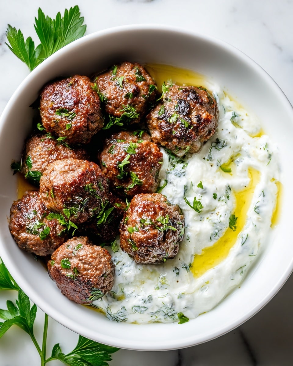 A white bowl filled with two main layers: on one side, about ten browned meatballs with a slightly crispy texture, sprinkled with chopped green herbs, covered lightly in oil; on the other side, a creamy white yogurt sauce mixed with small green herb pieces and a drizzle of olive oil, creating a smooth and slightly chunky texture. The bowl sits on a white marbled surface with a few fresh parsley leaves scattered nearby. photo taken with an iphone --ar 4:5 --v 7