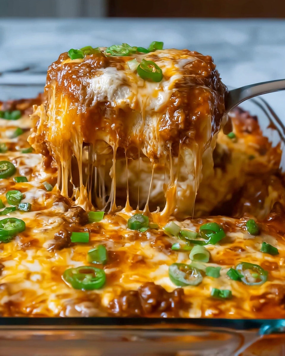 A clear glass baking dish filled with a baked cheesy dish that has at least three layers: a bottom layer of melted cheese, a middle layer of thick brown sauce with small meat chunks, and a top layer of gooey melted cheese that stretches as a portion is lifted. Chopped bright green jalapeños are sprinkled on top, adding a fresh color contrast. The cheese on top is golden brown in some places and creamy white in others, creating a rich texture. The photo is focused on a large square piece being lifted, showing the stringy melted cheese pulling away from the rest of the dish, with the white marbled surface in the background. photo taken with an iphone --ar 4:5 --v 7