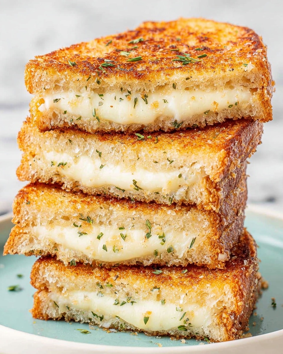 A stack of four grilled cheese sandwich halves on a white plate, each sandwich showing two slices of golden-brown toasted bread with a thick middle layer of melted white cheese. The top surfaces have a crunchy and slightly uneven texture with some herbs sprinkled in. The cheese layer looks creamy and smooth, melting gently out of the bread edges. The background is a soft white marbled texture, making the warm color of the bread stand out. photo taken with an iphone --ar 4:5 --v 7