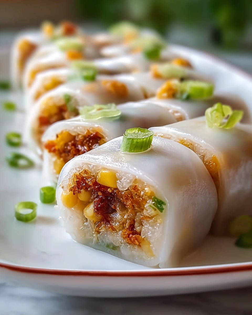A close-up of several white translucent rolls arranged on a white plate with a thin reddish-brown rim, set on a white marbled surface. Each roll has three visible layers: a soft, thin, white outer layer wrapping the filling; inside, a mix of white sticky rice and bits of yellow corn; and a topping of crispy golden-brown bits with small green chopped scallions scattered on and around the rolls. The texture shows the shiny, slightly sticky rice grains and crunchy yellow and brown bits, giving a contrast of softness and crispness. photo taken with an iphone --ar 4:5 --v 7