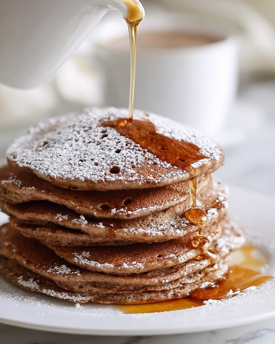 A stack of six thick, brown pancakes with small holes and a slightly rough texture sits on a white plate. The pancakes are dusted with white powdered sugar that rests on top and between layers. Golden syrup is being poured over the pancakes from above, dripping down the sides and pooling on the plate. In the background, there is a white cup on a white marbled surface, blurred softly to keep the focus on the pancakes. photo taken with an iphone --ar 4:5 --v 7