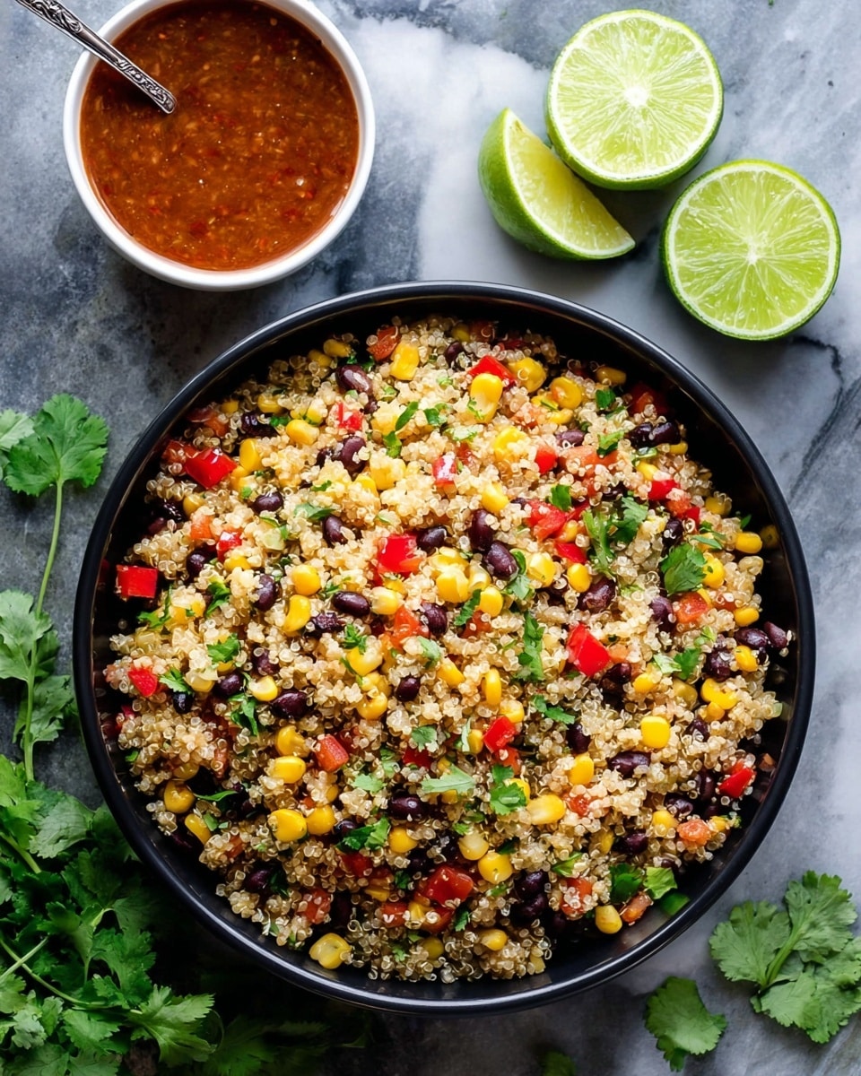 A large round black bowl filled with a colorful quinoa salad, showing visible layers of light beige quinoa mixed with bright yellow corn, small black beans, red bell pepper pieces, and fresh green cilantro leaves scattered throughout. To the top left of the bowl, a white bowl holds a reddish-brown sauce with a small silver spoon in it, while two halves of squeezed green limes sit nearby. Some sprigs of cilantro rest on the white marbled surface around the bowl. The scene is bright and clear, focusing on the vibrant contrast of the salad ingredients. photo taken with an iphone --ar 4:5 --v 7