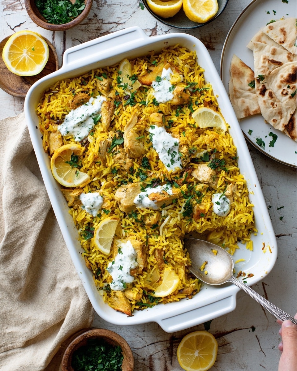 A rectangular white baking dish filled with a layered yellow rice and small chunks of cooked chicken mixed with green herbs. On top, there are three dollops of white creamy sauce sprinkled with green herbs, and several thin lemon slices placed around. A metal spoon in the dish lifts a portion of the rice and chicken mixture. The dish sits on a white marbled surface with a folded beige and navy striped cloth on the left, a small bowl with green herbs, and a plate with pieces of flatbread in the bottom left corner. Photo taken with an iphone --ar 4:5 --v 7