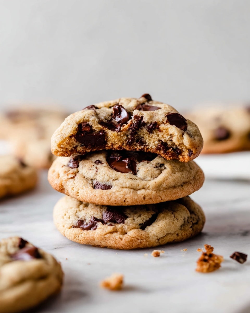 A stack of three chocolate chip cookies is placed on a white marbled surface. The top cookie has a bite taken out, showing a soft, crumbly inside with visible chocolate chunks. The cookies are golden brown with dark brown, unevenly scattered chocolate chips embedded within them. Around the stack are other cookies, some whole and some partially out of frame. Small crumbs lie on the surface near the stack. The background is plain and light gray, blurred softly to keep the focus on the cookies. photo taken with an iphone --ar 4:5 --v 7