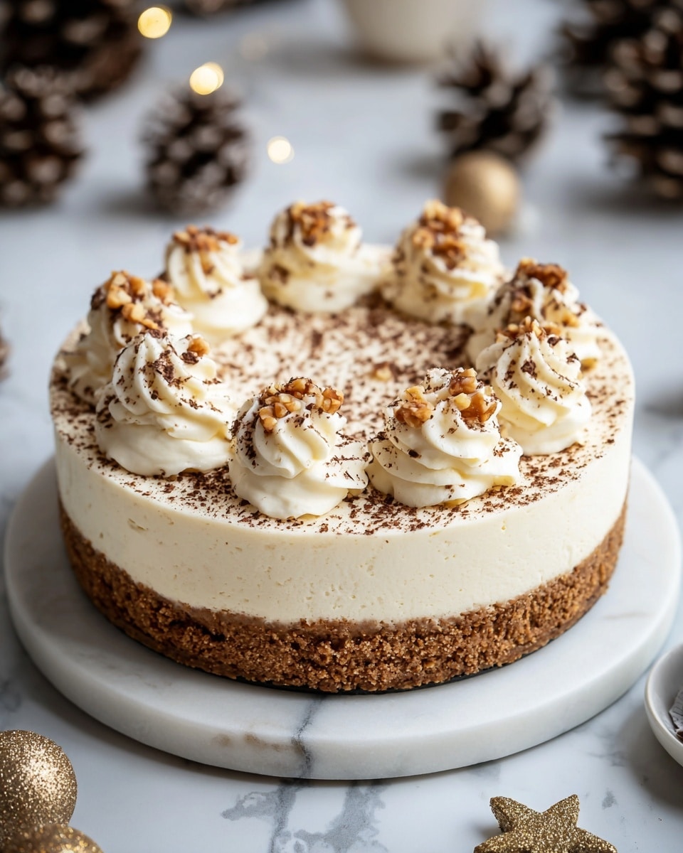 A round cheesecake with two clear layers sits on a white marble plate; the bottom layer is a crumbly, brown crust, and the top layer is thick, smooth, and creamy white. On top, there are eight dollops of whipped cream arranged evenly in a circle, each sprinkled with cocoa powder and small brown nut pieces. The cake is placed on a white marbled surface with blurred pine cones and small golden decorations around it, creating a cozy, festive feel. photo taken with an iphone --ar 4:5 --v 7