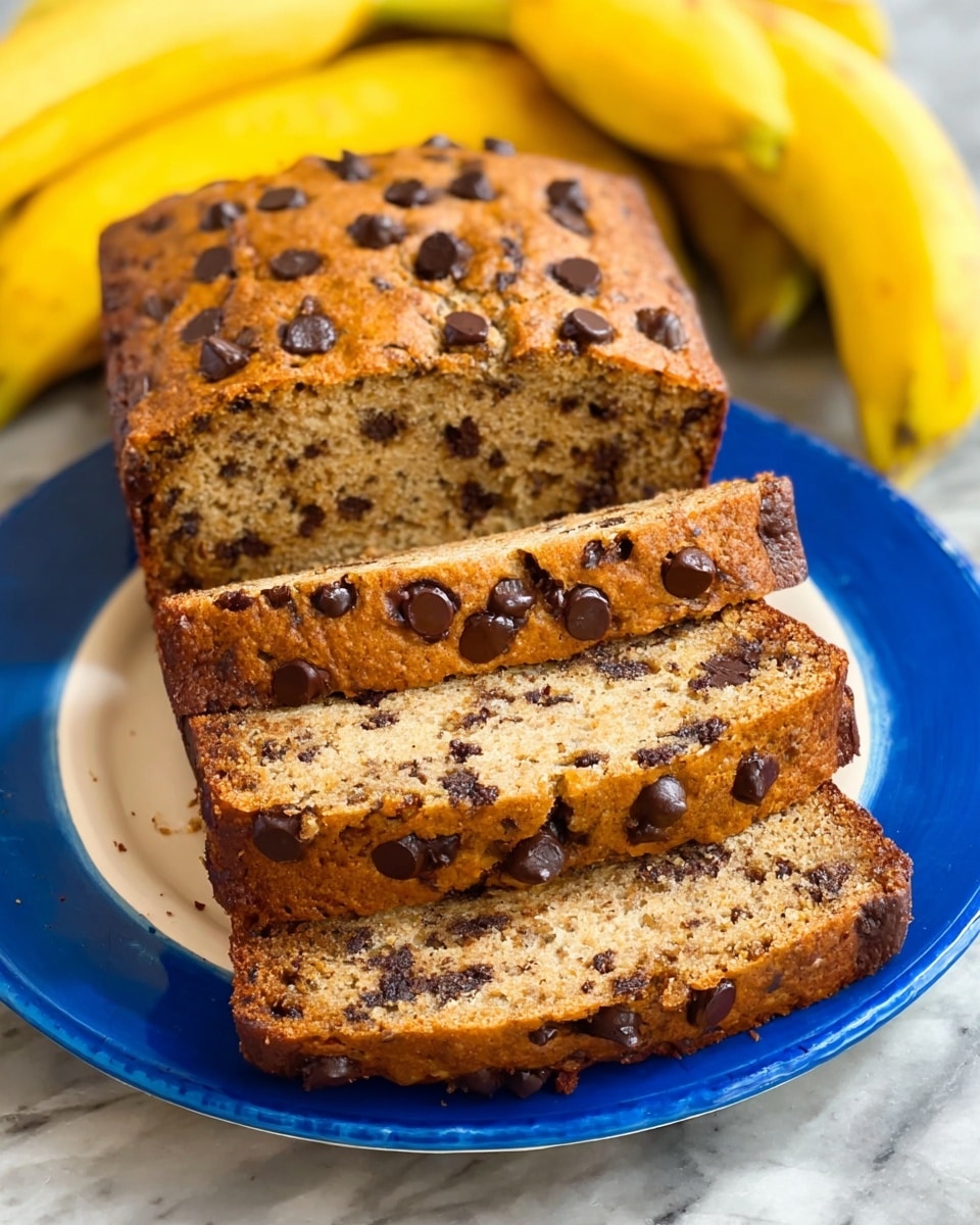 A loaf of banana bread with chocolate chips is shown on a white plate with a blue pattern, placed on a white marbled surface. The bread has a golden-brown crust dotted with dark chocolate chips. Three thick slices are cut from the loaf and lie in front of it, showing the soft, moist inside speckled with chocolate chips throughout. The loaf’s top is slightly cracked, revealing a tender texture beneath. Several ripe bananas are blurred in the background, adding a yellow contrast to the warm brown tones of the bread. Photo taken with an iphone --ar 4:5 --v 7
